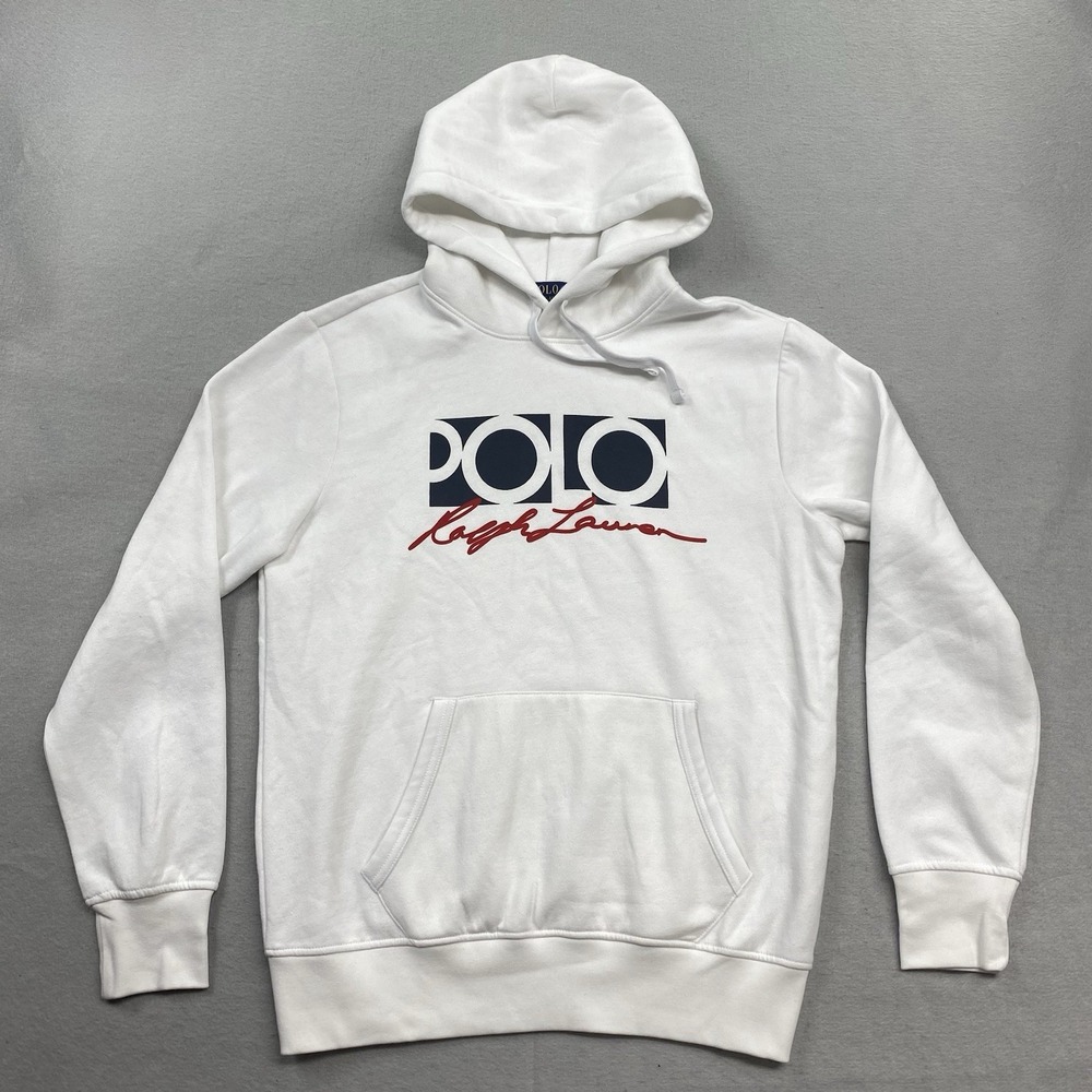 Polo Ralph Lauren Sweatshirt Mens Small White Hoodie Pullover Fleece Chest Logo